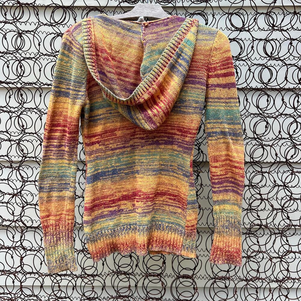 Vintage Y2K Love Rocks Multicolor Fall Hooded V Neck Button Sweater Pocket SMALL - Picture 6 of 9